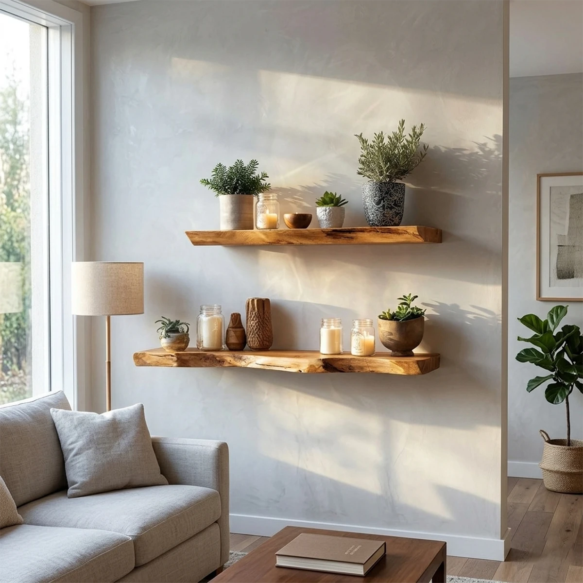 Modern wall floating shelves designed with organic slab surfaces and refined oak tone finish
