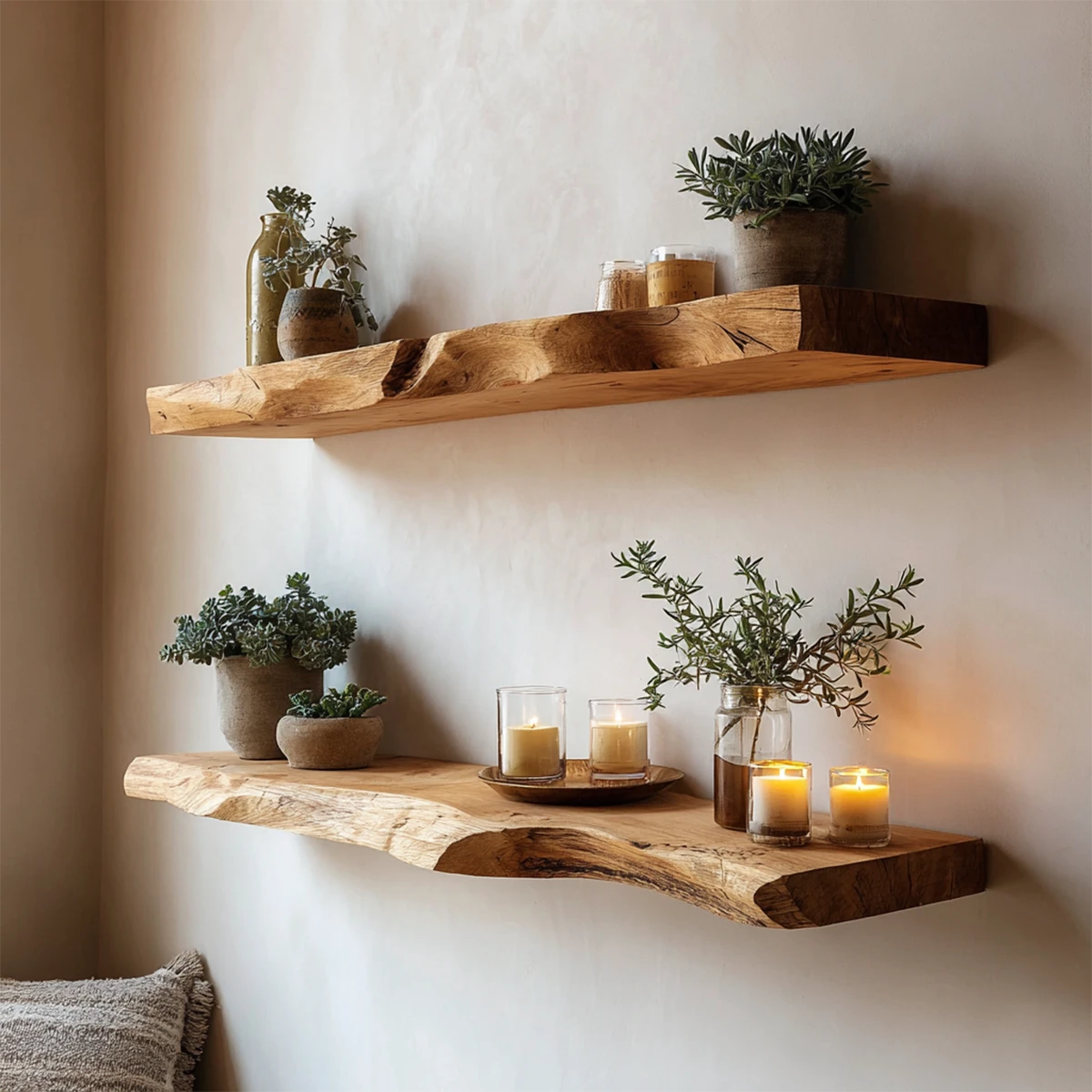 Contemporary floating wall shelves showcasing handcrafted slab detail and warm oak tone finish