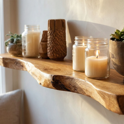 Minimalist wall mounted shelves featuring natural live edge contour and smooth oak tone finish
