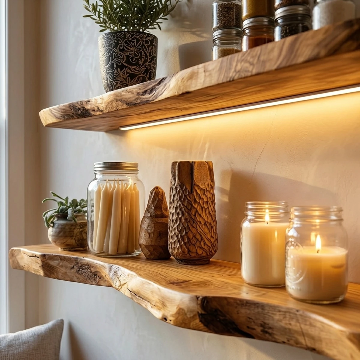 Decorative floating shelves designed with sculpted slab edges and polished oak tone finish