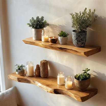 Functional wall display shelves showcasing organic slab character and refined oak tone finish