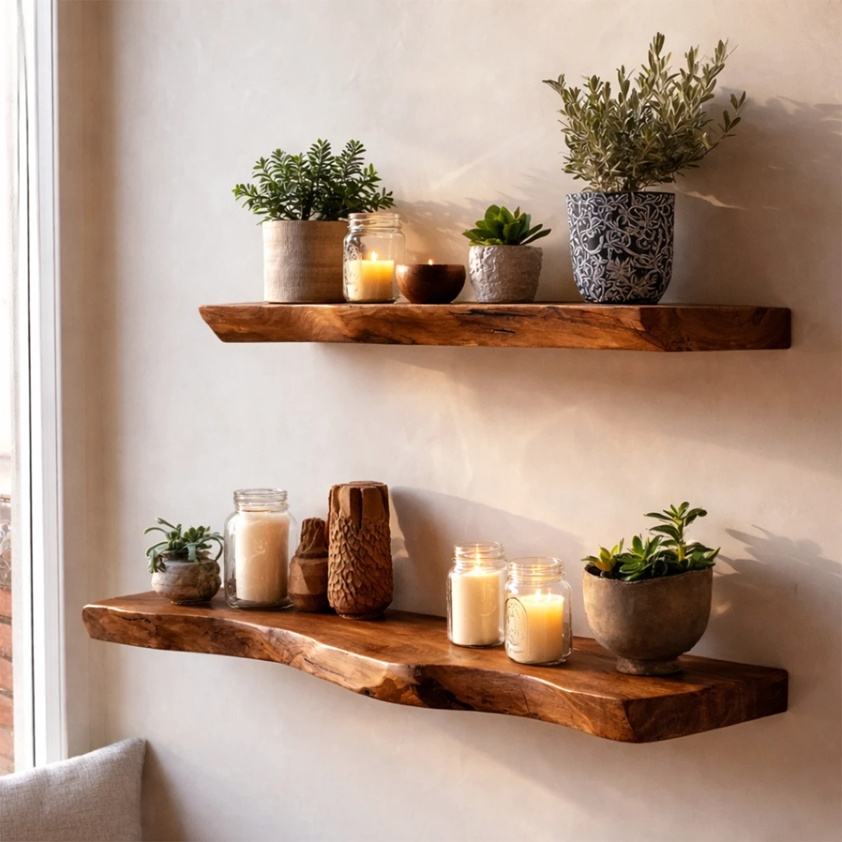 Japandi style floating shelves featuring natural slab silhouette and smooth brown tone finish