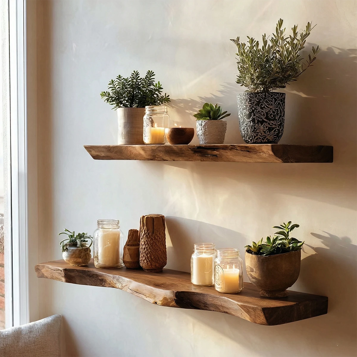 Rustic modern wall floating shelves displaying natural edge detail and warm walnut tone finish