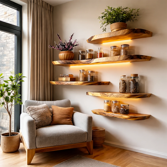 Modern floating shelves designed with organic slab detail and refined oak tone finish wall decor
