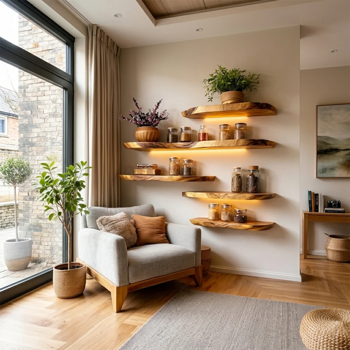 Floating wall shelves featuring natural live edge styling and smooth oak tone finish display storage