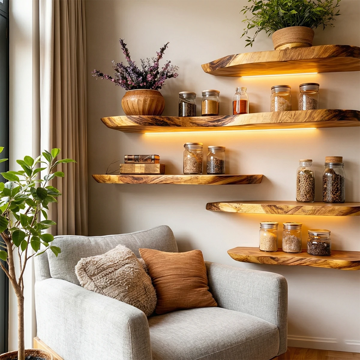 Contemporary wall mounted shelves showcasing handcrafted slab edges and warm oak tone finish