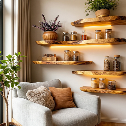 Contemporary wall mounted shelves showcasing handcrafted slab edges and warm oak tone finish