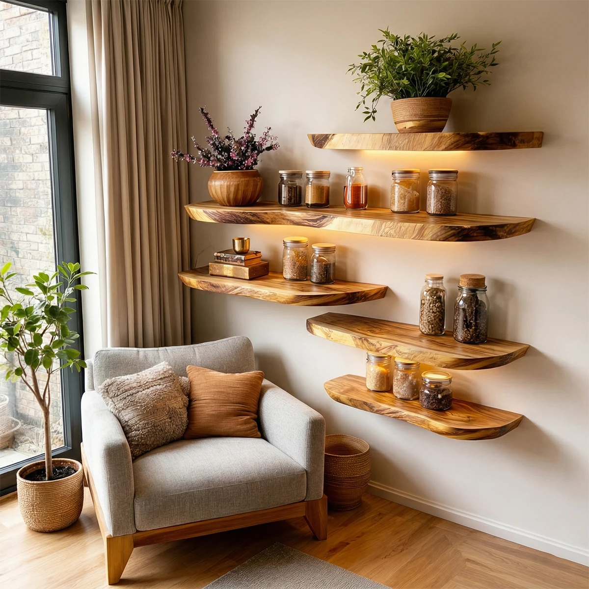 Minimalist floating wall shelves featuring natural live edge contour and smooth oak tone finish