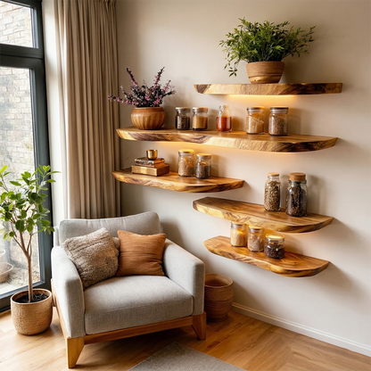 Minimalist floating wall shelves featuring natural live edge contour and smooth oak tone finish