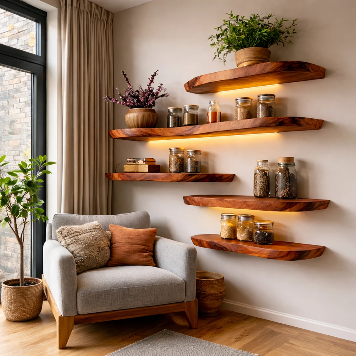 Decorative floating shelves designed with sculpted slab styling and polished brown tone finish