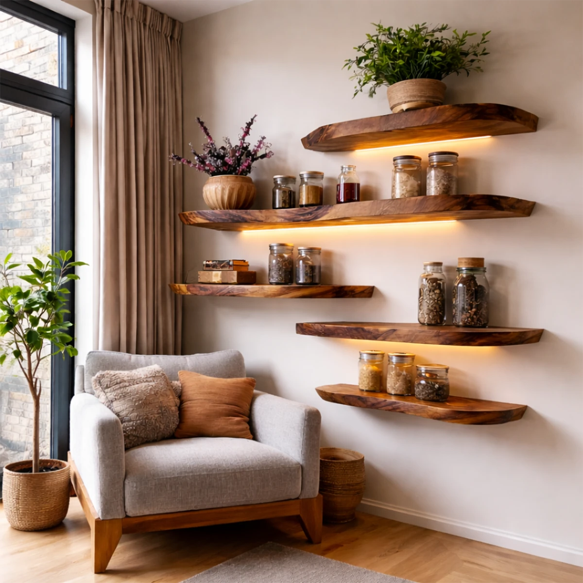 Functional wall display shelves showcasing organic slab character and refined walnut tone finish