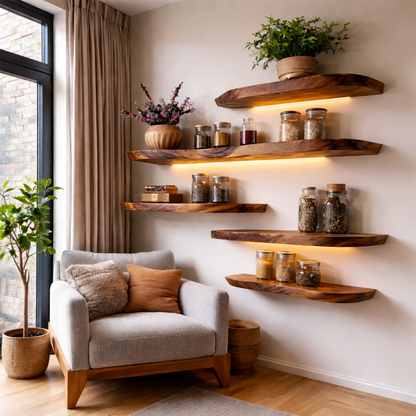 Functional wall display shelves showcasing organic slab character and refined walnut tone finish
