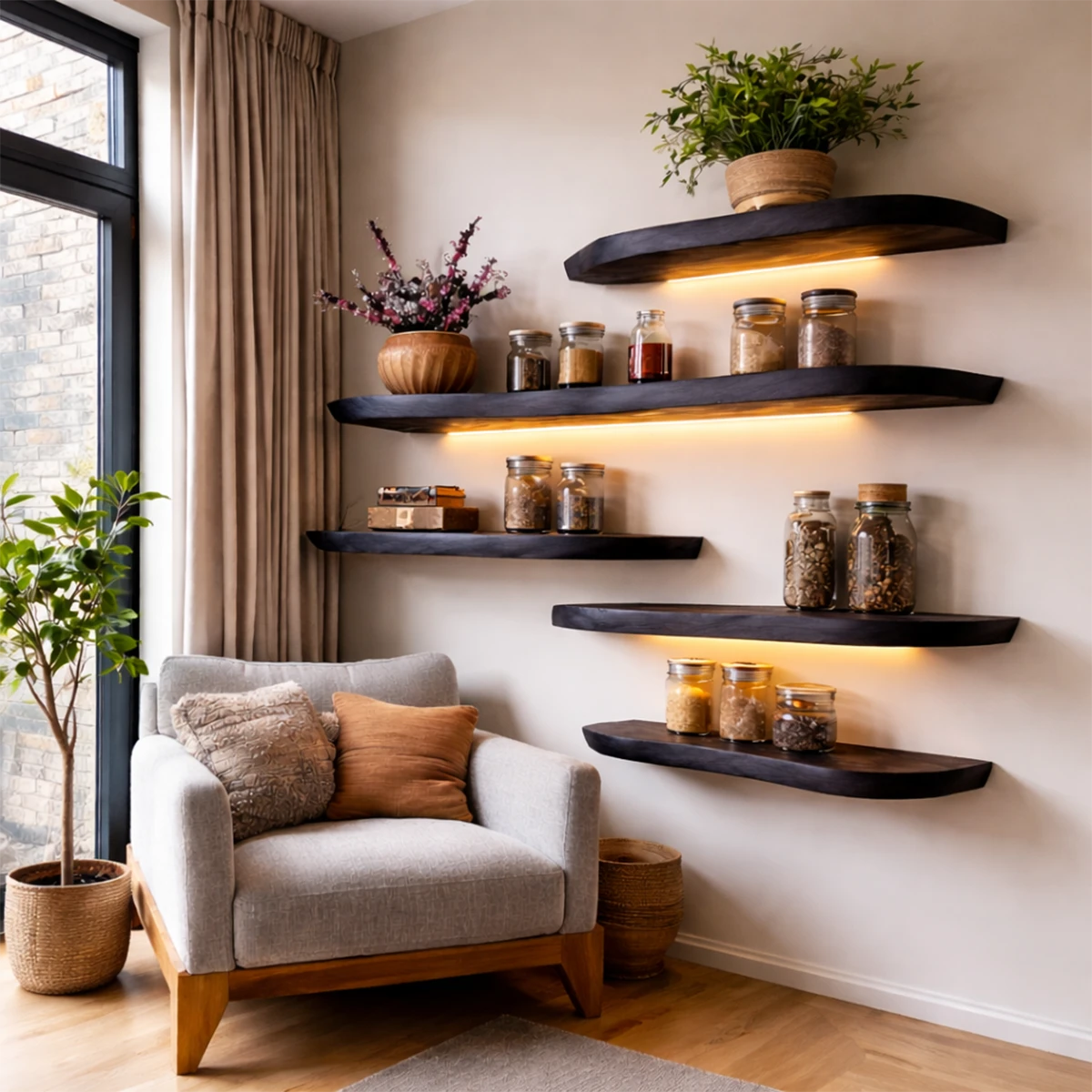 Japandi style floating shelves featuring natural slab silhouette and smooth black tone finish