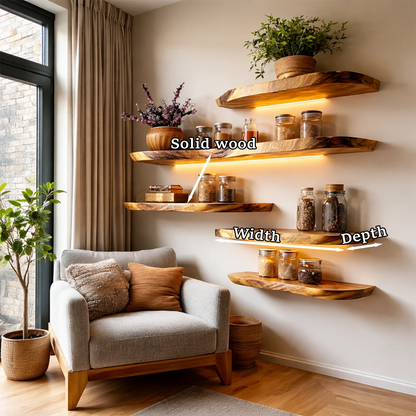 Rustic modern wall floating shelves displaying natural edge detail and warm oak tone finish