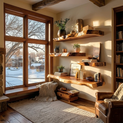 Modern floating wall shelves designed with organic slab styling and refined brown tone finish