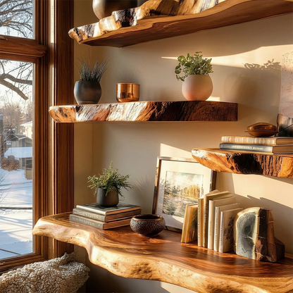 Contemporary corner wall shelves showcasing handcrafted slab edges and rich brown tone finish