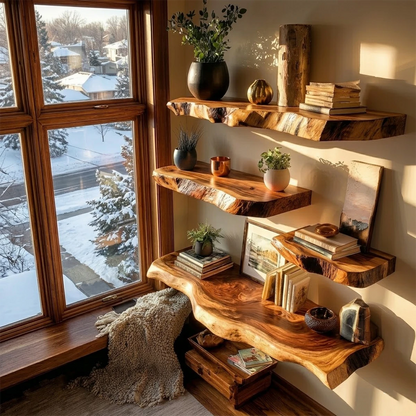 Minimalist floating shelves featuring sculpted natural slab form and smooth brown tone finish