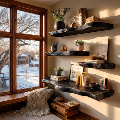 Rustic modern floating shelves displaying natural edge texture and deep brown tone finish