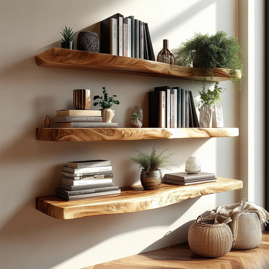 Floating wall shelves featuring natural live edge detail and smooth oak tone finish for home storage