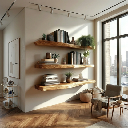 Modern floating shelves designed with organic slab styling and refined oak tone finish wall display