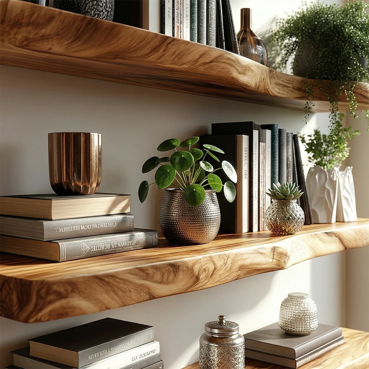 Contemporary wall mounted shelves showcasing handcrafted slab edges and warm oak tone finish
