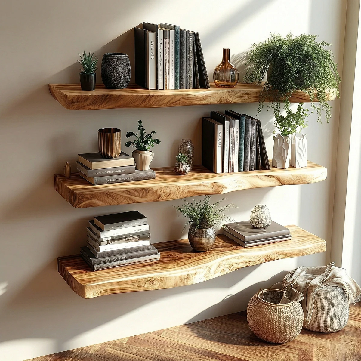 Minimalist floating shelves featuring elongated natural slab form and polished oak tone finish