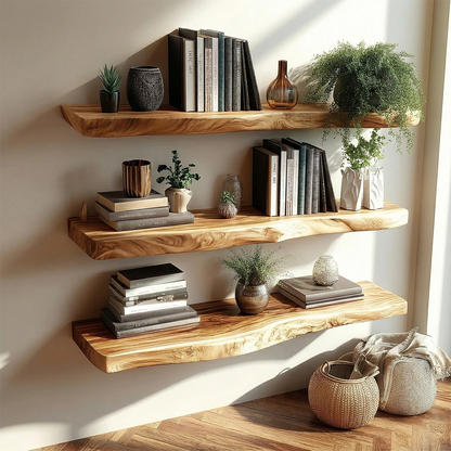 Minimalist floating shelves featuring elongated natural slab form and polished oak tone finish