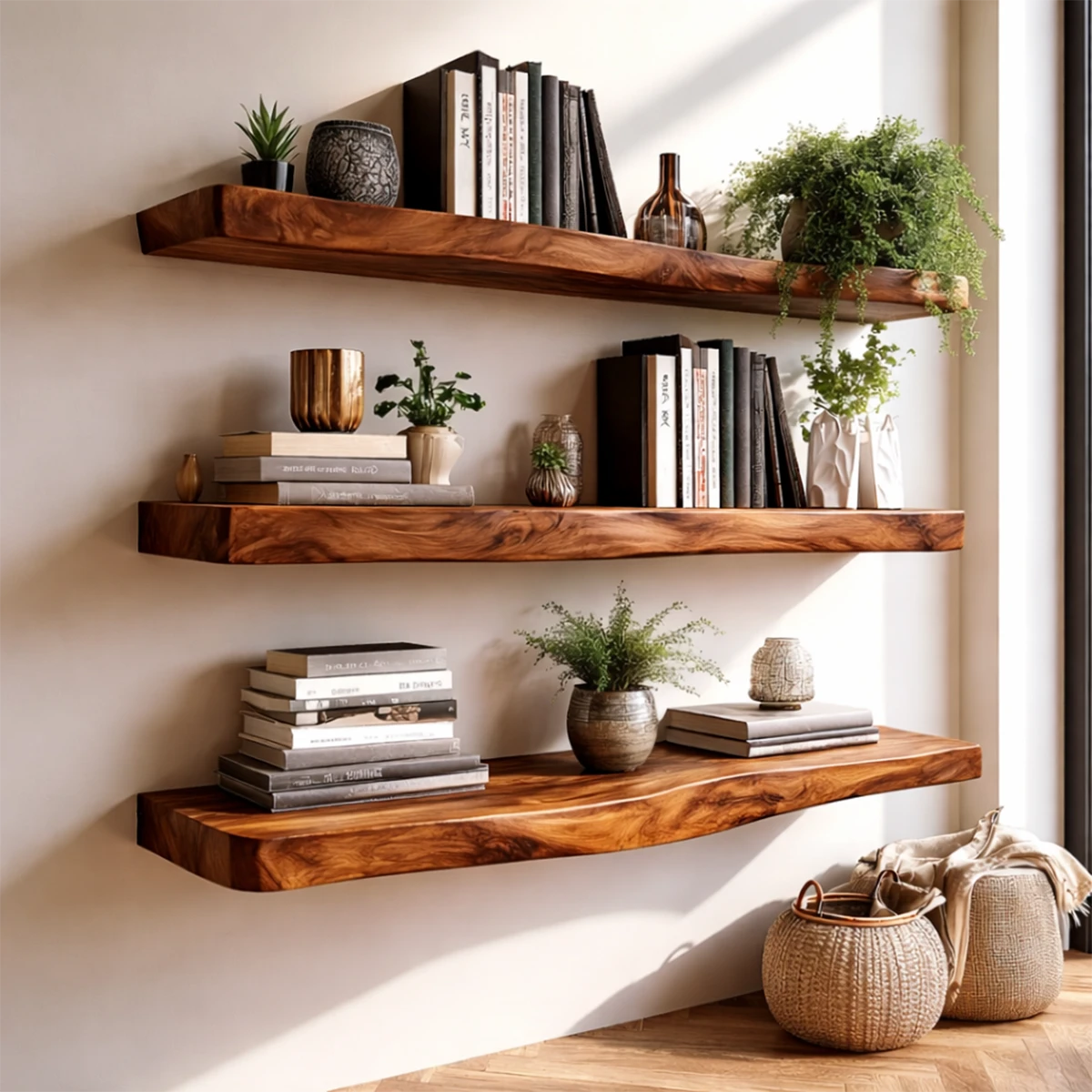 Decorative floating wall shelves designed with sculpted slab contour and elegant brown tone finish