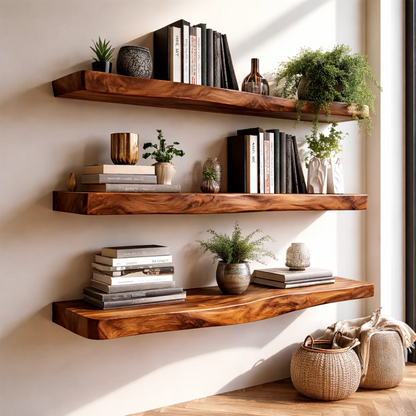 Decorative floating wall shelves designed with sculpted slab contour and elegant brown tone finish