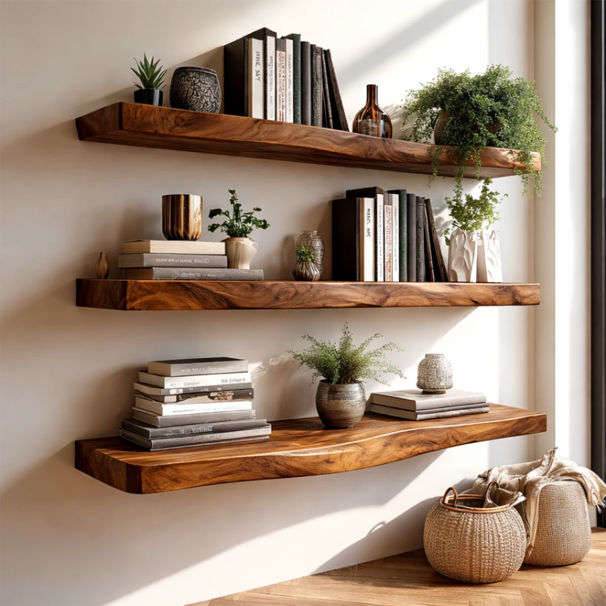 Functional wall display shelves showcasing flowing grain movement and smooth walnut tone finish
