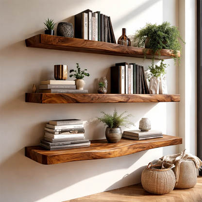 Functional wall display shelves showcasing flowing grain movement and smooth walnut tone finish