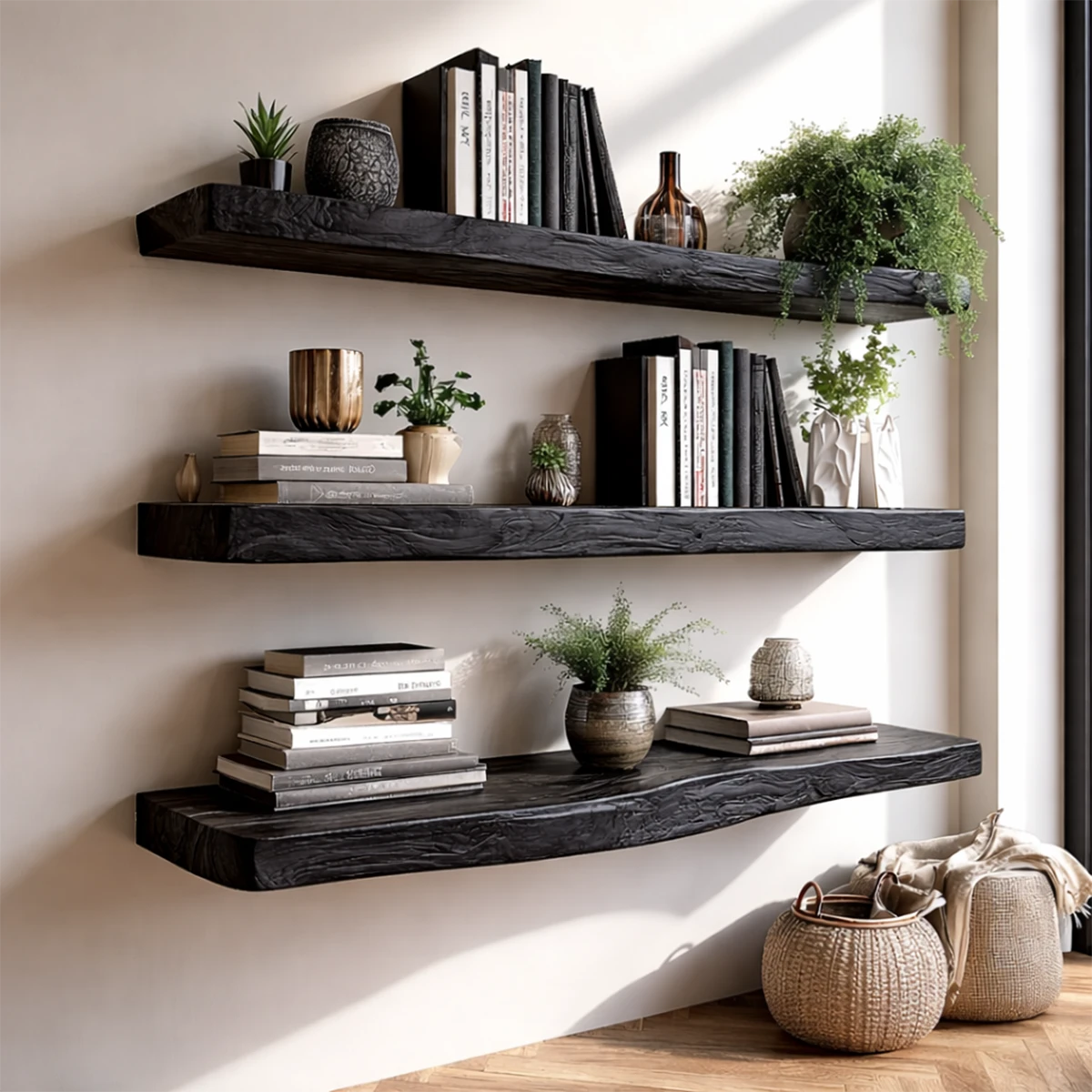 Japandi style floating shelves featuring organic slab silhouette and balanced black tone finish
