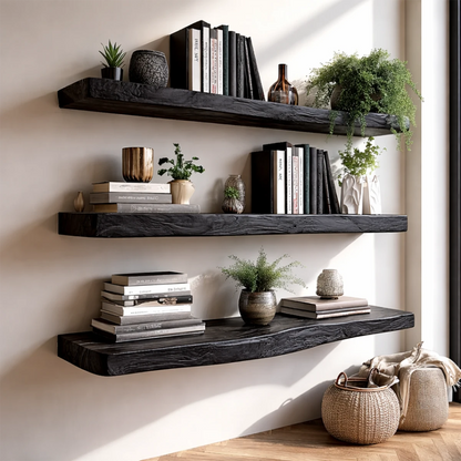 Japandi style floating shelves featuring organic slab silhouette and balanced black tone finish