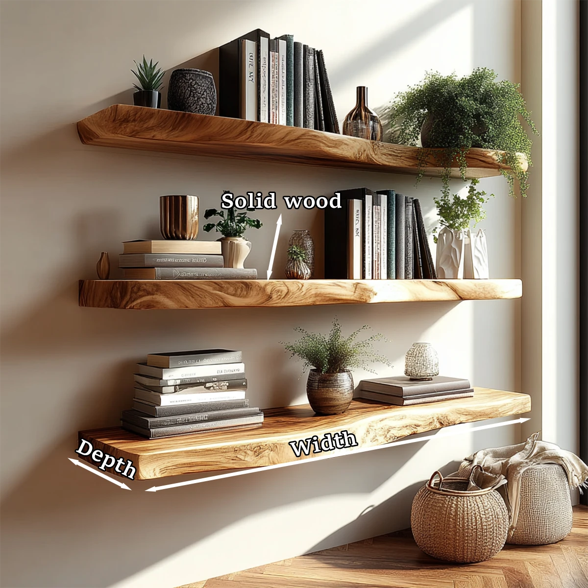 Rustic modern floating shelves displaying natural edge texture and warm oak tone finish