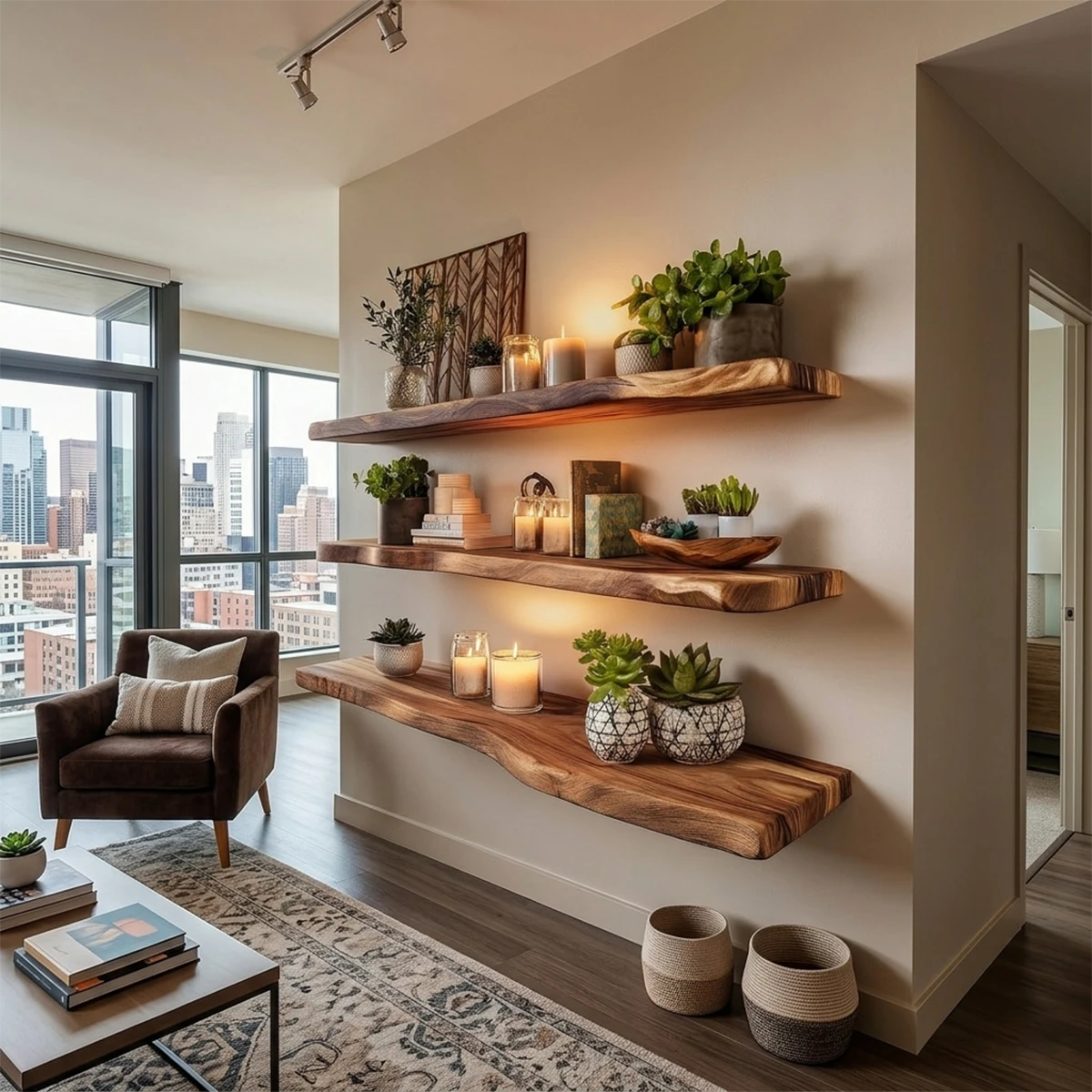 Modern floating shelves designed with organic slab styling and refined walnut tone finish
