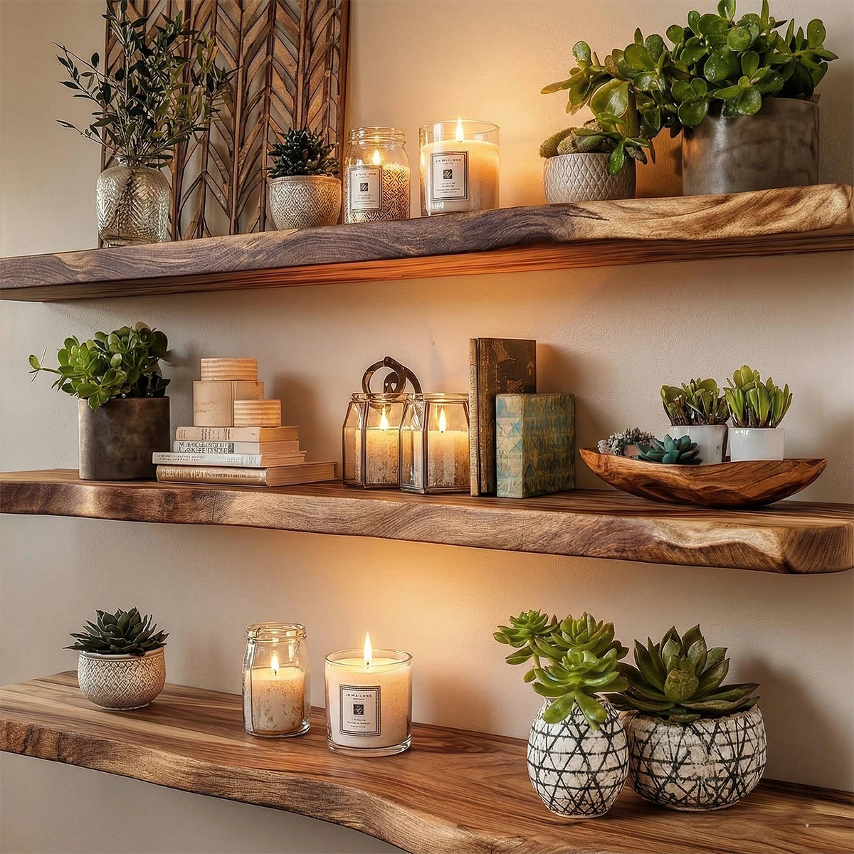 Long wall mounted shelves showcasing flowing grain movement and smooth walnut tone finish