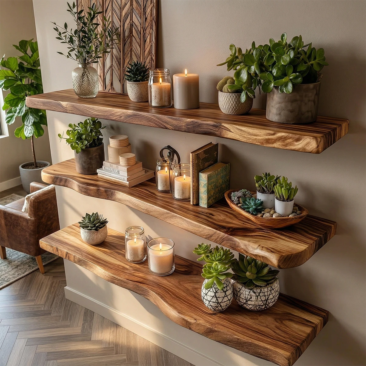 Minimalist floating wall shelves featuring elongated slab form and walnut tone finish