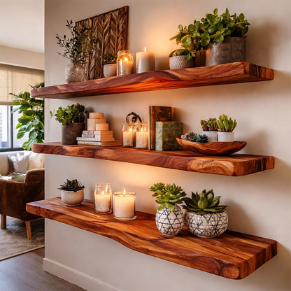 Decorative long floating shelves designed with sculpted slab contour and brown tone finish