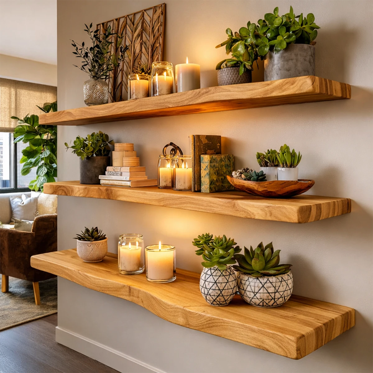 Functional wall display shelves showcasing organic slab texture and oak tone finish