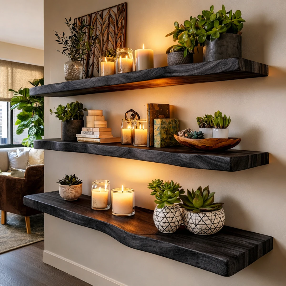 Japandi style floating shelves featuring natural slab silhouette and black tone finish