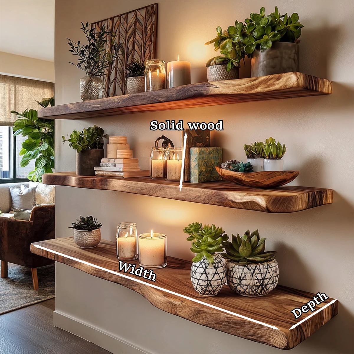 Rustic modern floating shelves displaying handcrafted slab detail and walnut tone finish