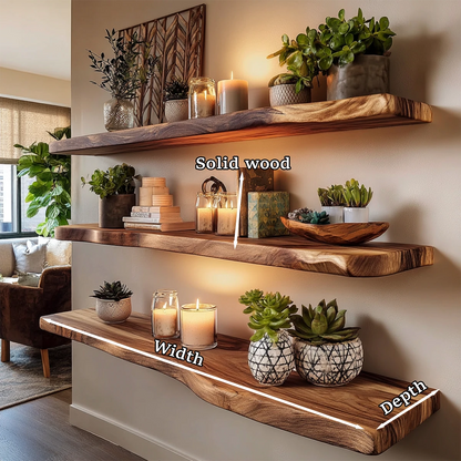 Rustic modern floating shelves displaying handcrafted slab detail and walnut tone finish