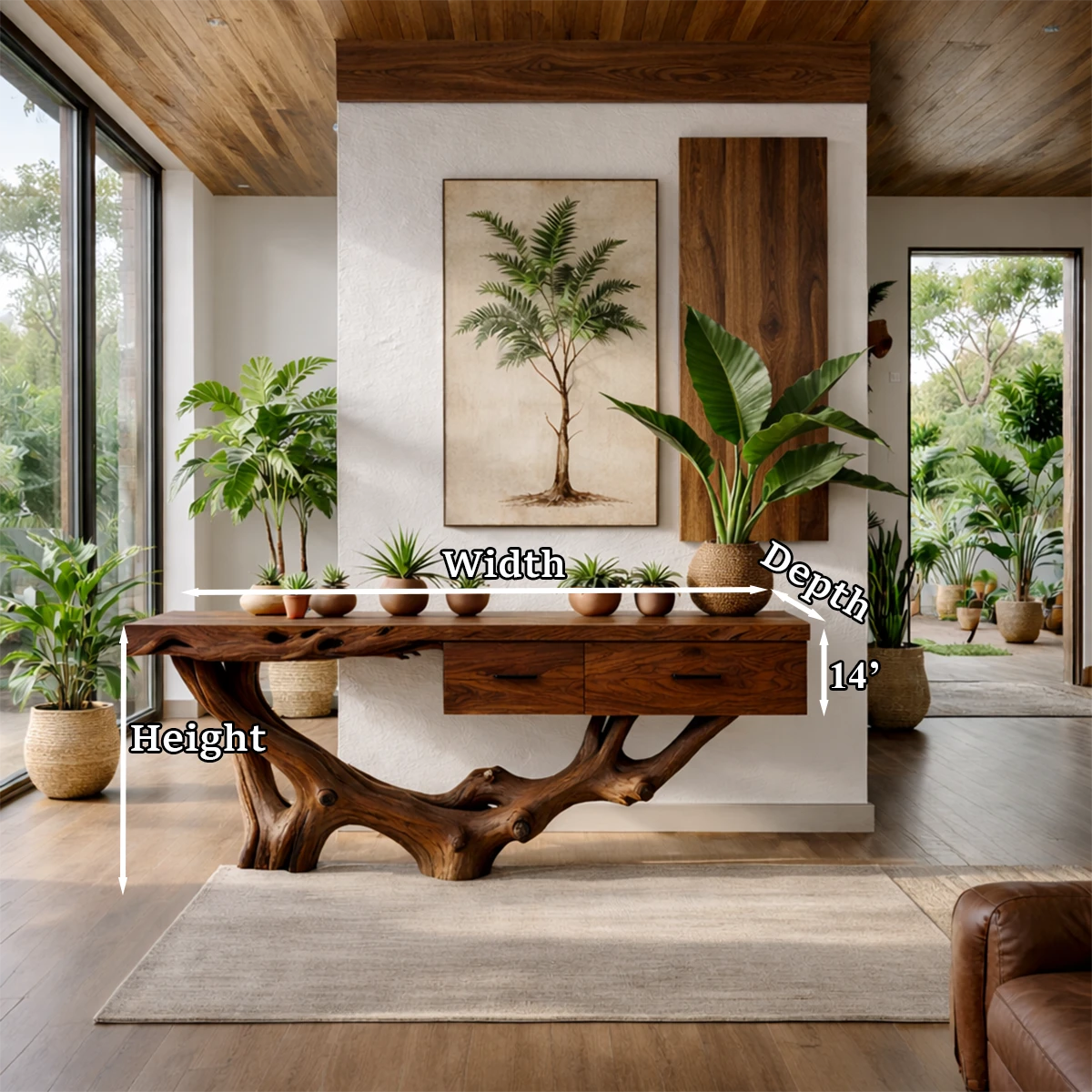 Elegant home design centered around a console table with live edge top and flowing base