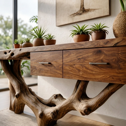 Solid wood console table with organic root base placed in a modern interior with natural elements