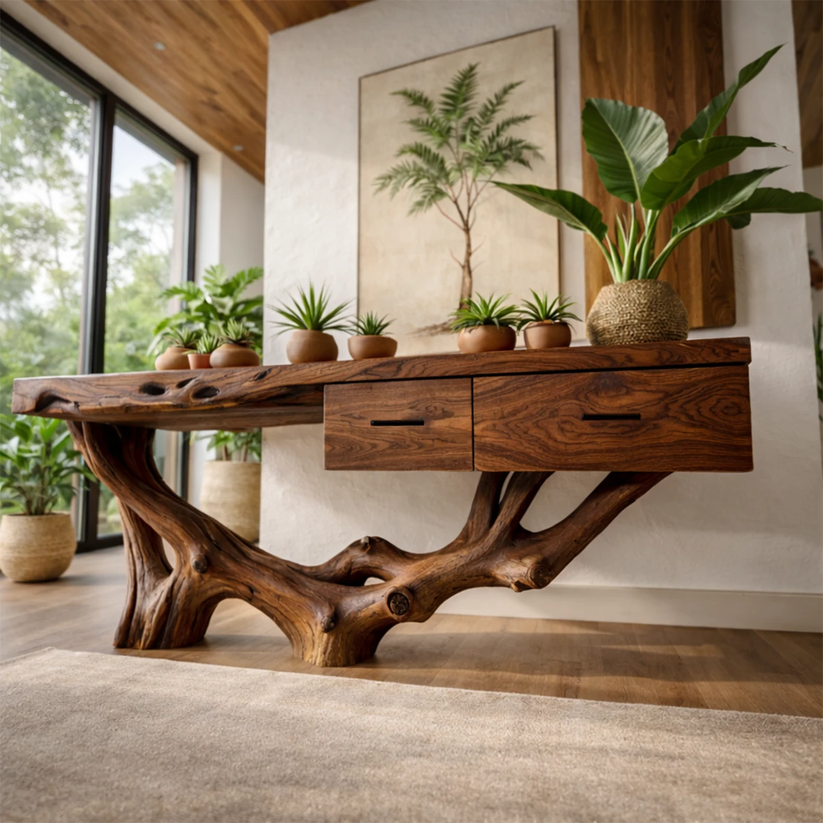 In this open space, a console table with live edge top creates a bold and natural focal point