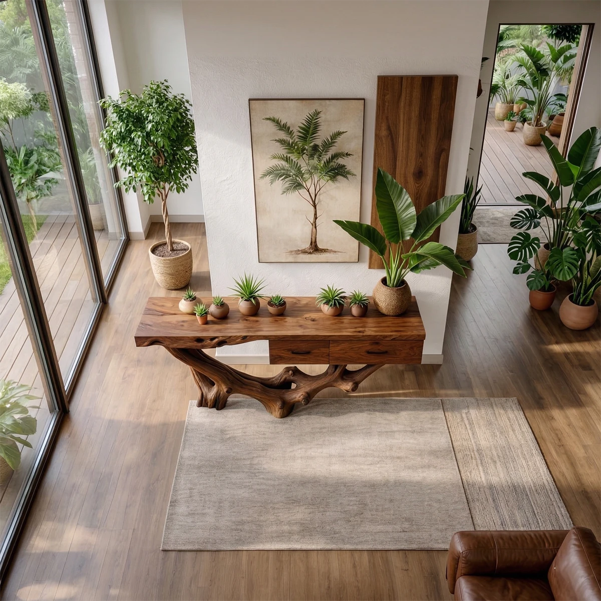 Natural wood console table with root inspired base enhances this airy and plant filled interior