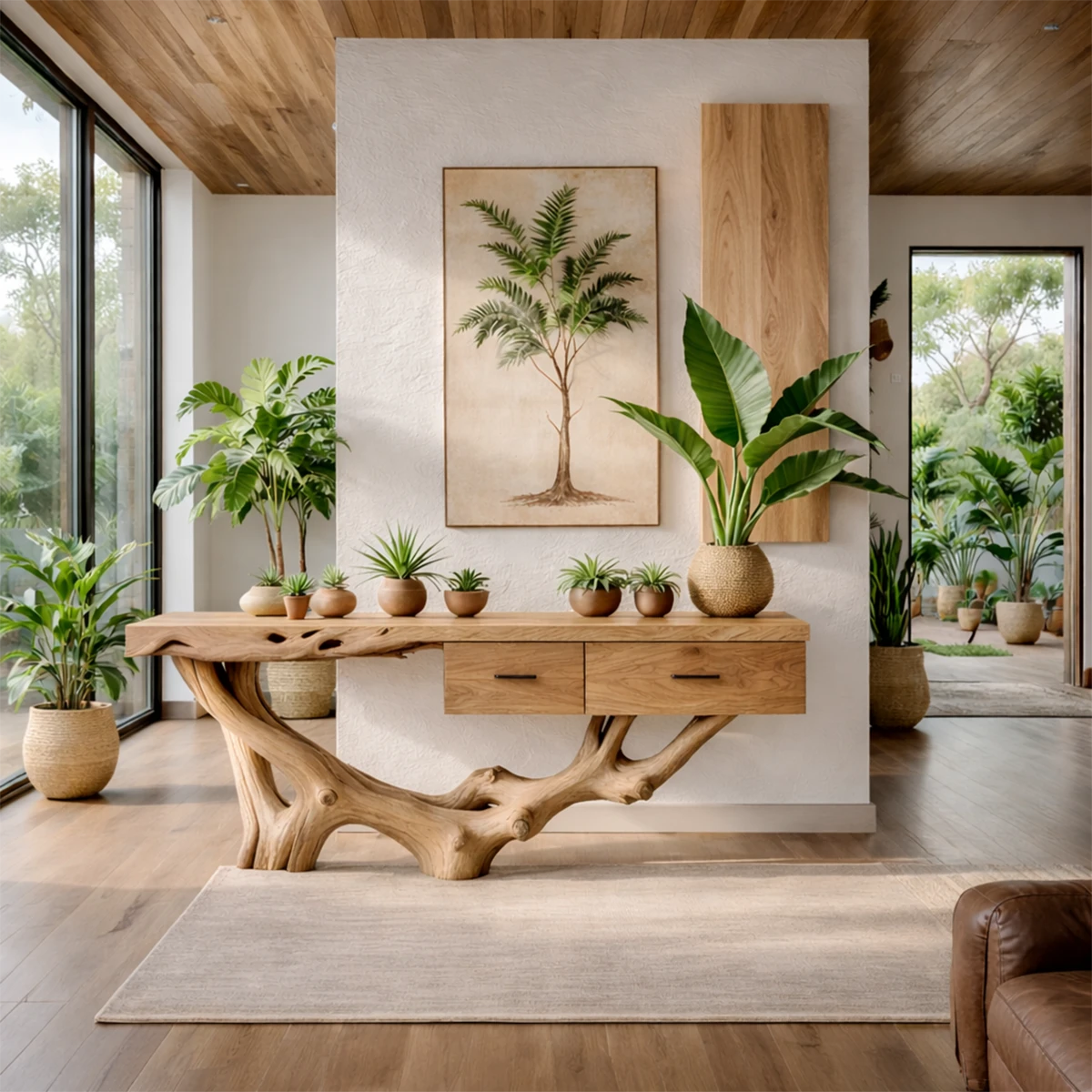 A modern console table with sculptural wood base complements this nature inspired décor style