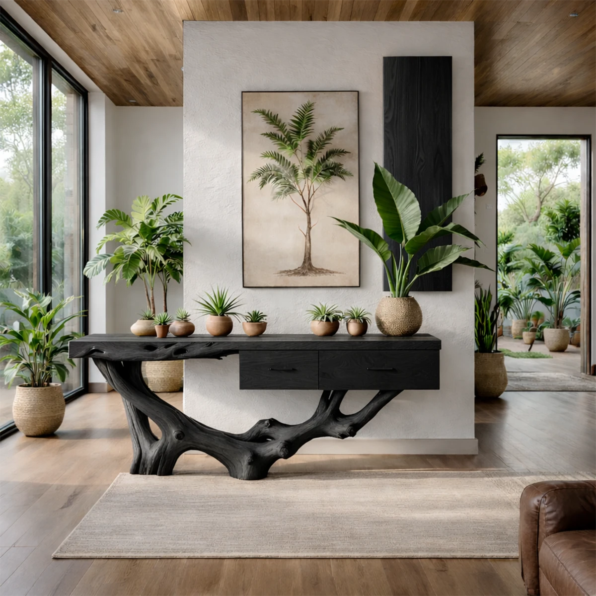 Live edge console table in solid wood styled with plants in a contemporary home environment