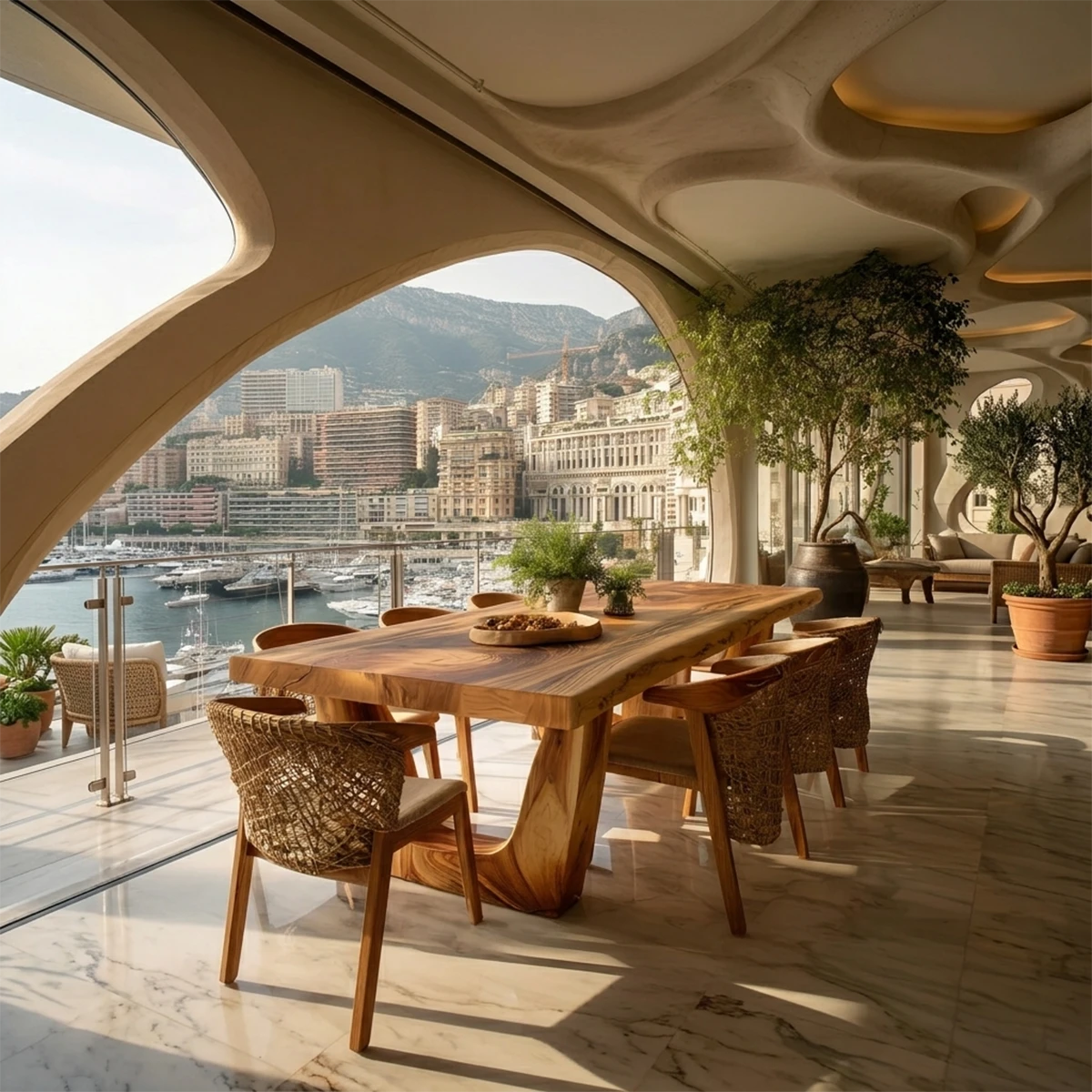 Modern dining table with organic wood slab, elegant interior overlooking marina and mountain view