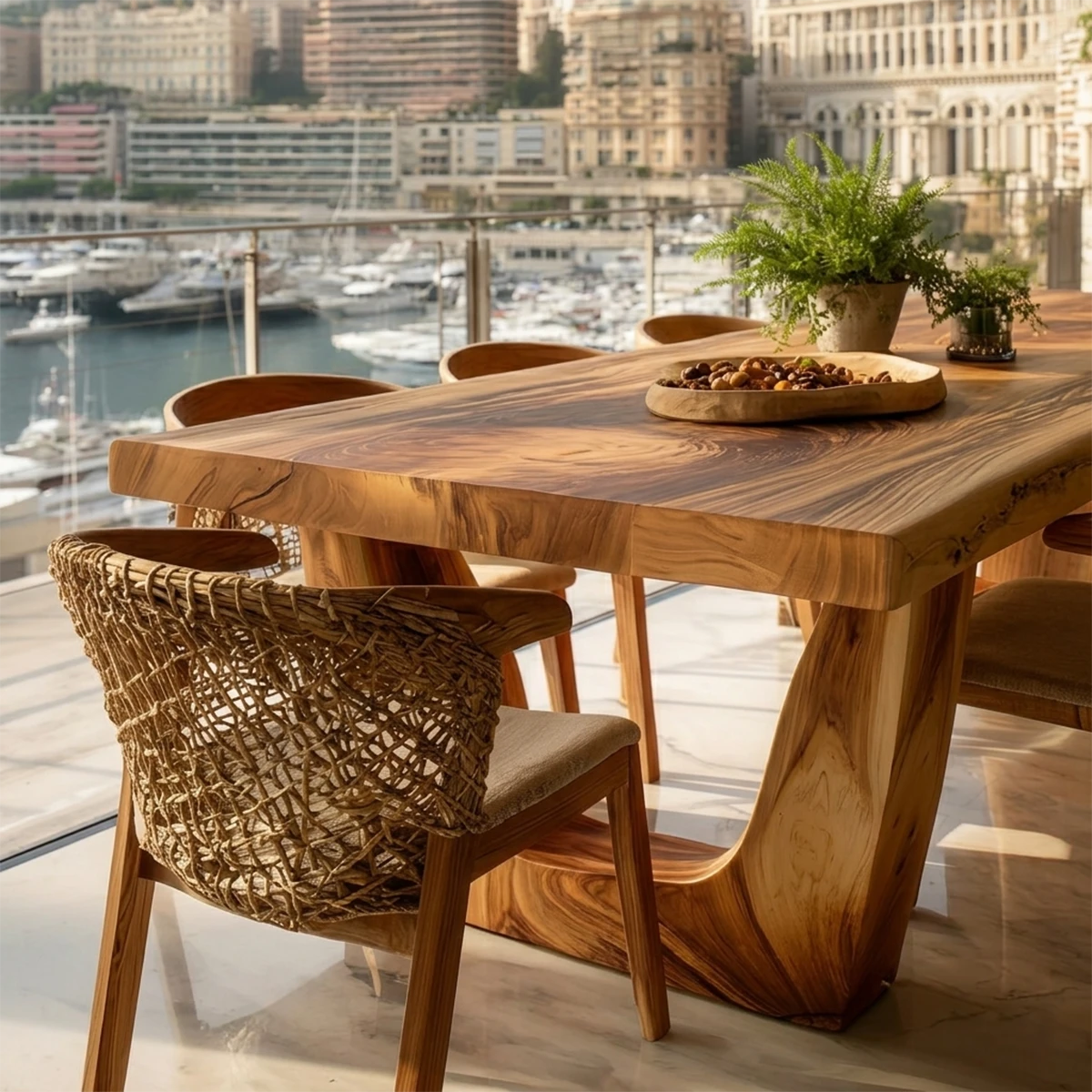 Contemporary wooden dining table with sculptural base, perfect for upscale open dining space